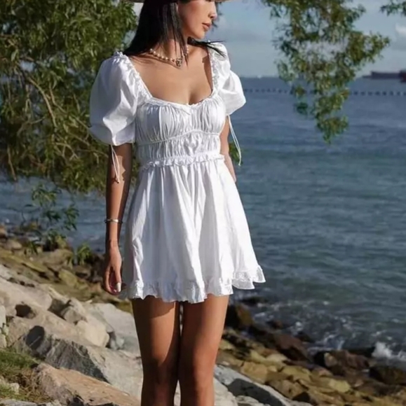 White Puff Sleeve Square Neck Dress with Lace and Ruffle Detail - Picture 5 of 16